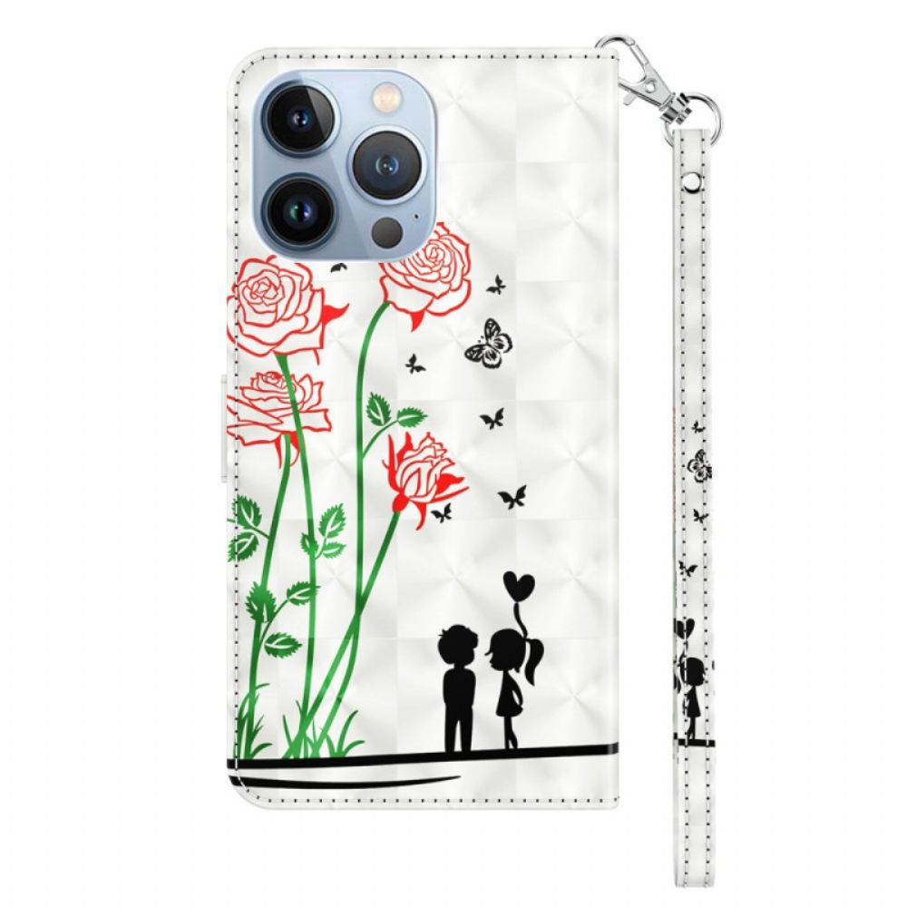 Folio-hoesje voor iPhone 14 Met Ketting Thong Liefde Paardebloemen