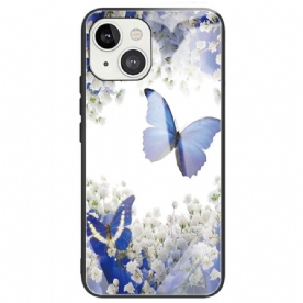 Hoesje voor iPhone 14 Blauwe Vlinders Gehard Glas