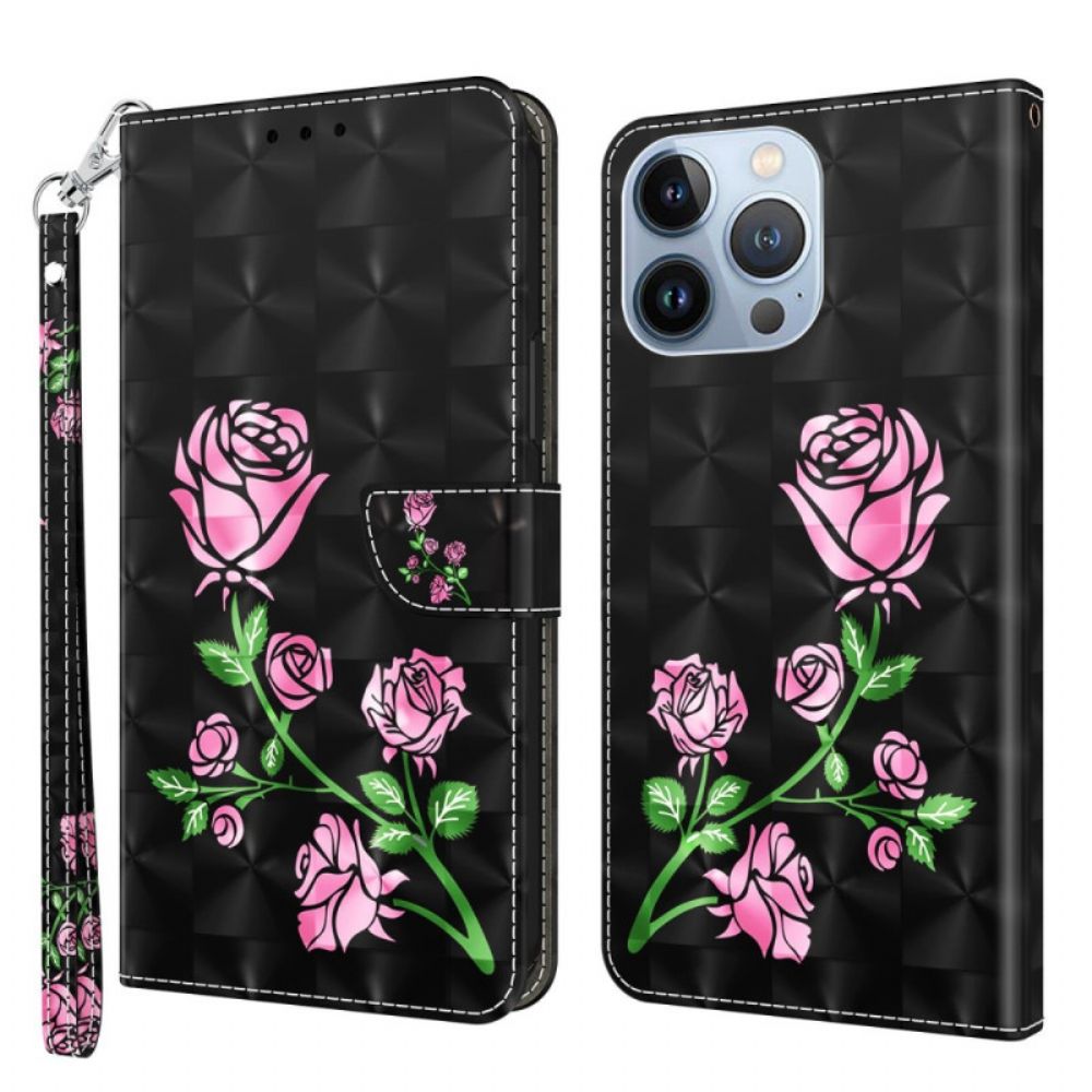 Leren Hoesje voor iPhone 14 Met Ketting Band Rozen