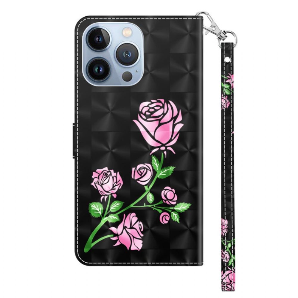 Leren Hoesje voor iPhone 14 Met Ketting Band Rozen