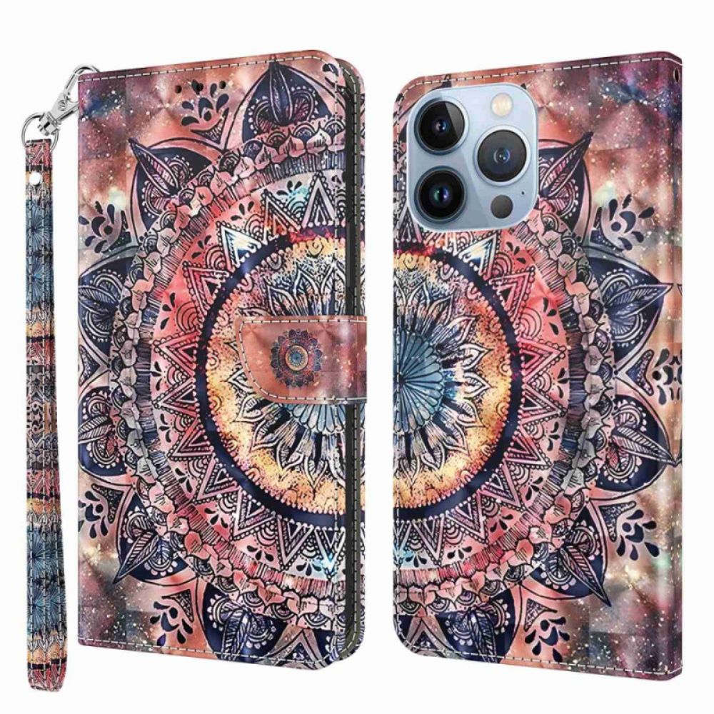 Leren Hoesje voor iPhone 14 Met Ketting Pro Gekleurde Mandala Riem