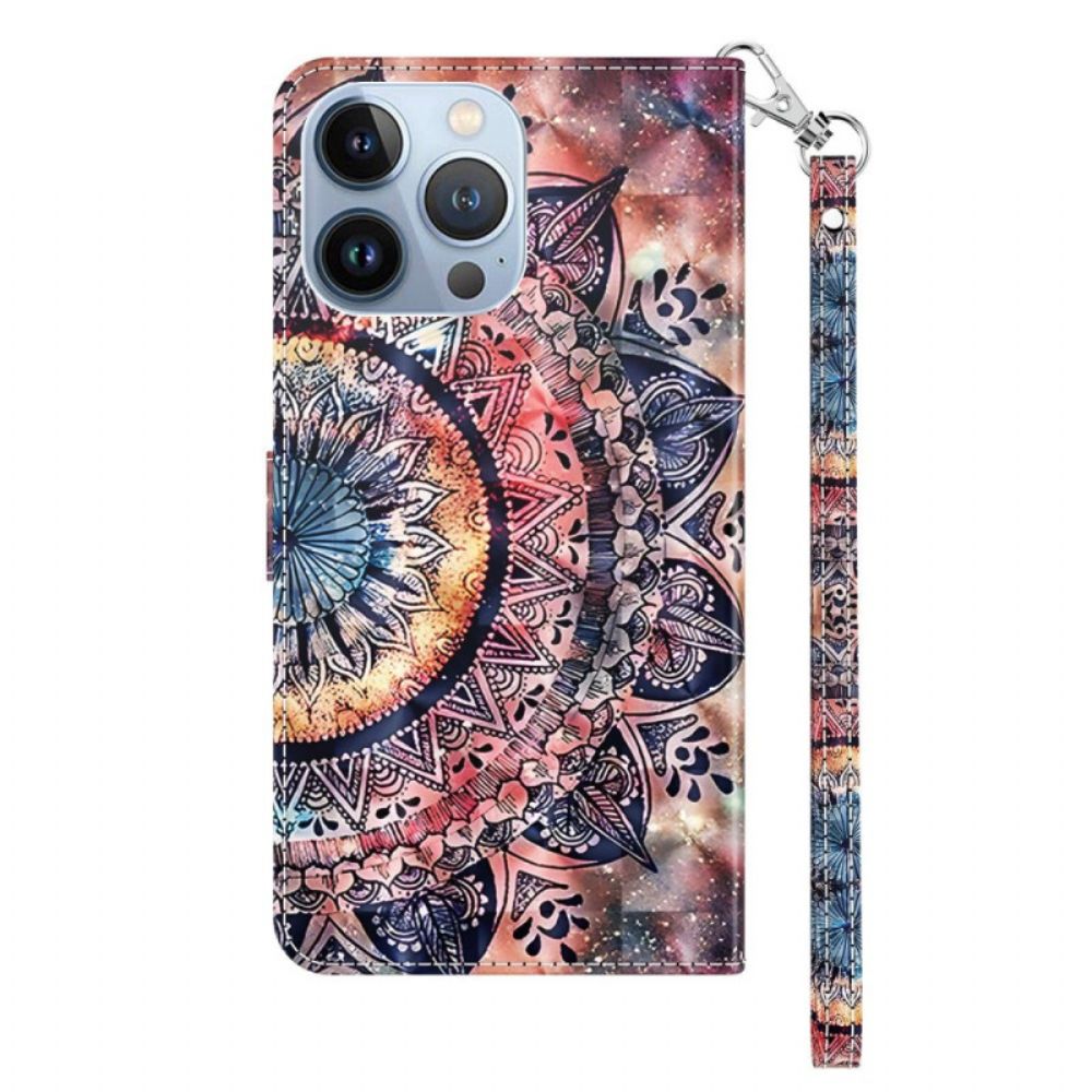 Leren Hoesje voor iPhone 14 Met Ketting Pro Gekleurde Mandala Riem