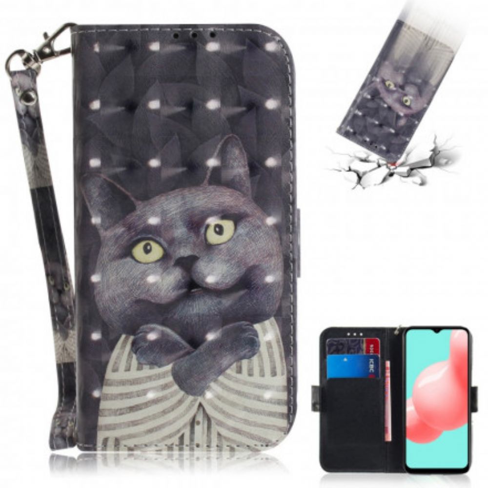 Leren Hoesje voor Samsung Galaxy A32 5G Met Ketting Grijze Kat Met Bandjes