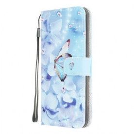 Folio-hoesje voor Samsung Galaxy M12 / A12 Met Ketting Strappy Diamanten Vlinders