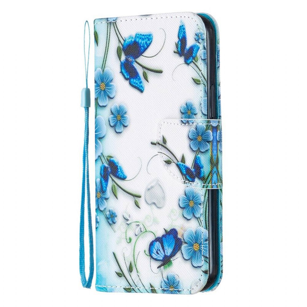 Leren Hoesje voor iPhone 12 / 12 Pro Met Ketting Blauwe Vlinders En Bloemen Met Band