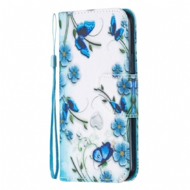 Leren Hoesje voor iPhone 12 / 12 Pro Met Ketting Blauwe Vlinders En Bloemen Met Band