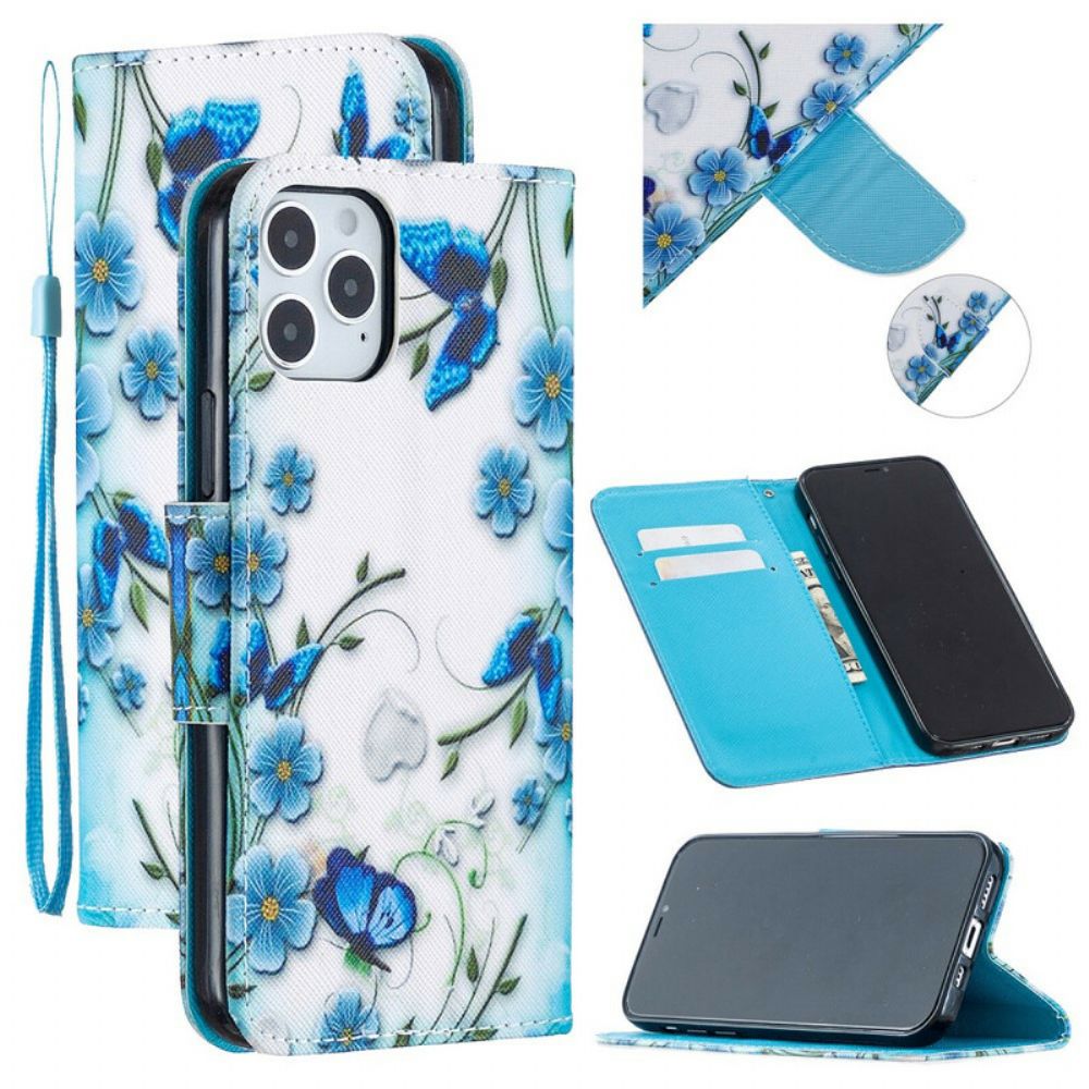 Leren Hoesje voor iPhone 12 / 12 Pro Met Ketting Blauwe Vlinders En Bloemen Met Band