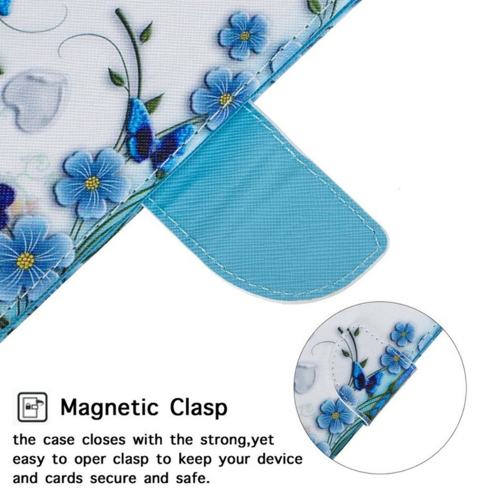 Leren Hoesje voor iPhone 12 / 12 Pro Met Ketting Blauwe Vlinders En Bloemen Met Band