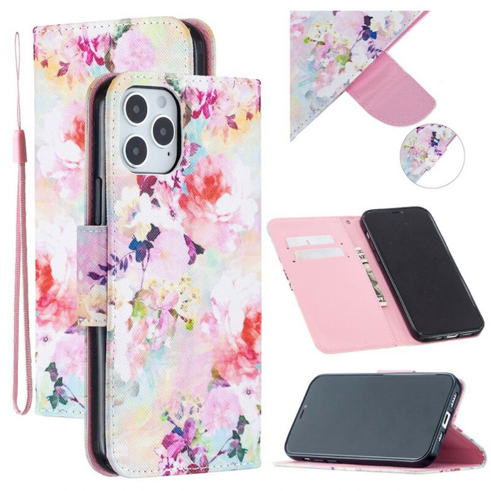 Leren Hoesje voor iPhone 12 / 12 Pro Met Ketting Prachtige Band Bloemen