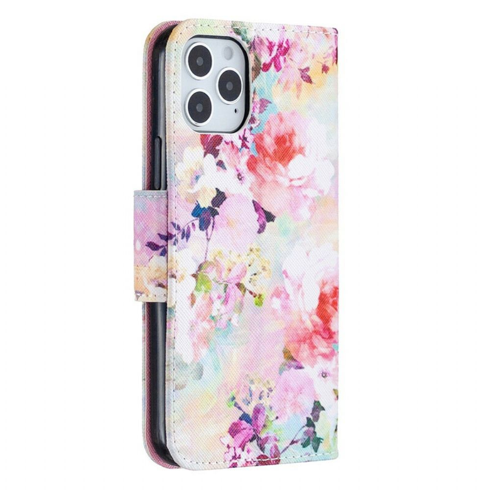 Leren Hoesje voor iPhone 12 / 12 Pro Met Ketting Prachtige Band Bloemen