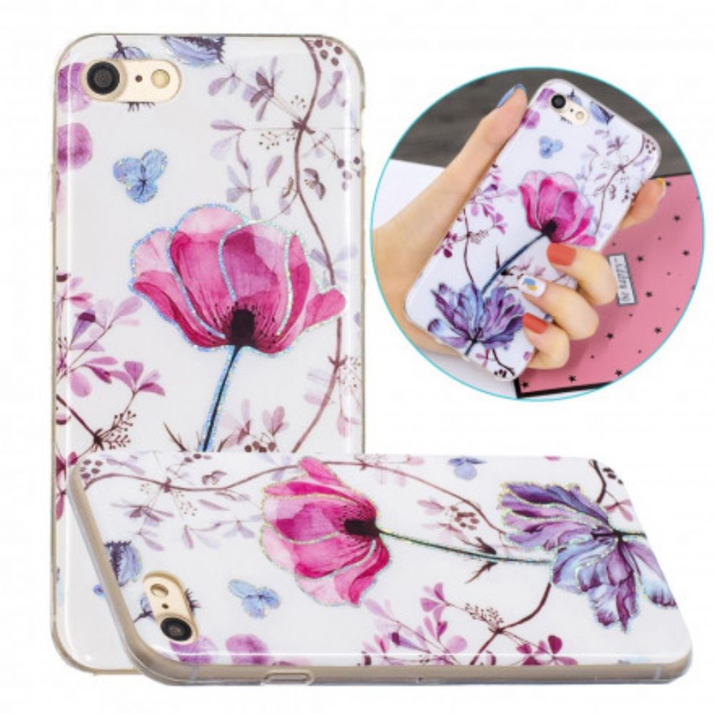 Hoesje voor iPhone SE 3 / SE 2 / 8 / 7 Bloemen Design Pailletten