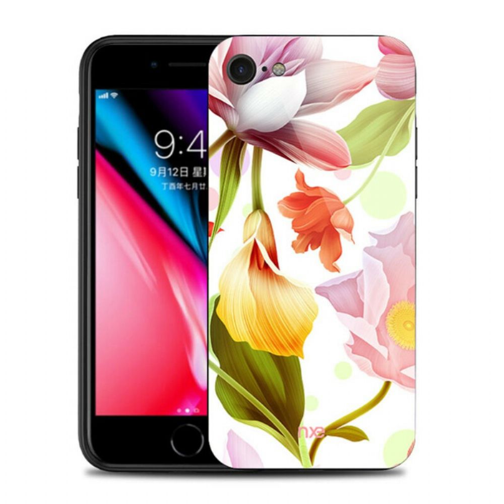 Telefoonhoesje voor iPhone SE 3 / SE 2 / 8 / 7 Glazen En Siliconen Bloemen Nxe