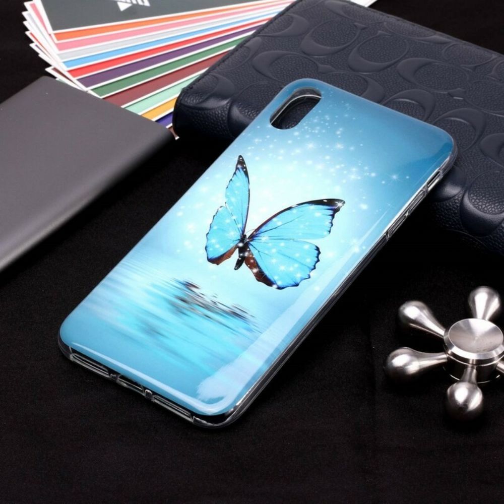 Hoesje voor iPhone XR Fluorescerende Blauwe Vlinder