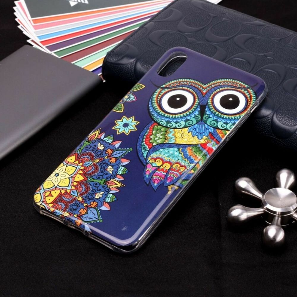 Hoesje voor iPhone XR Fluorescerende Uil Mandala