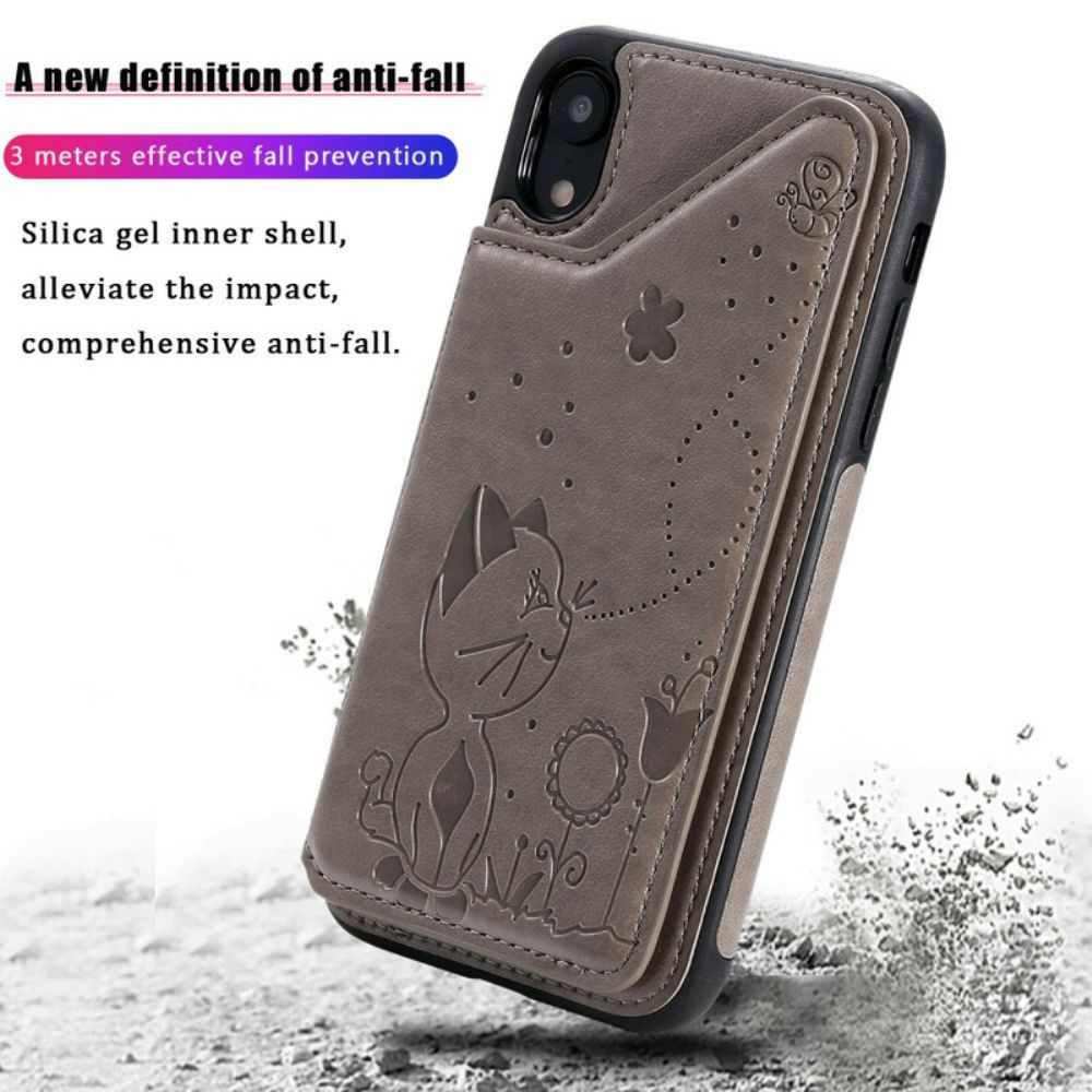 Telefoonhoesje voor iPhone XR Kunstleer Kaarthouder Kattenstandaard