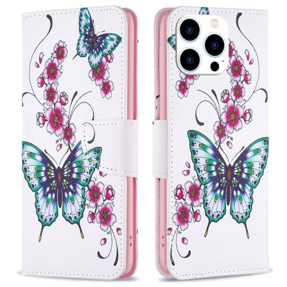 Flip Case Leren iPhone 16 Pro Max Groene Vlinders