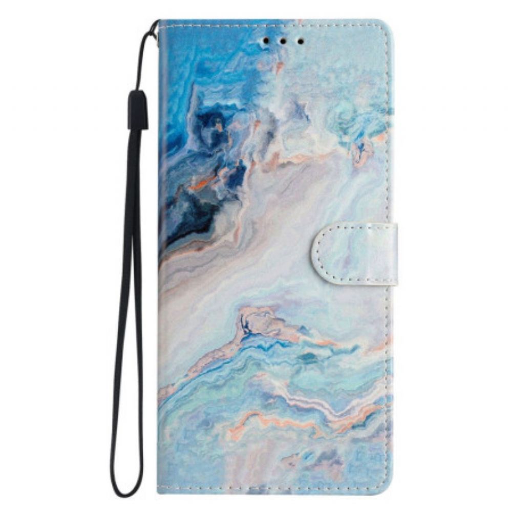 Folio-hoesje iPhone 16 Pro Max Blauw Marmer Met Riem