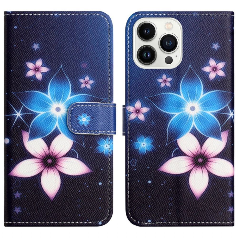 Folio-hoesje iPhone 16 Pro Max Telefoonhoesje Maanbloemen Met Riempje