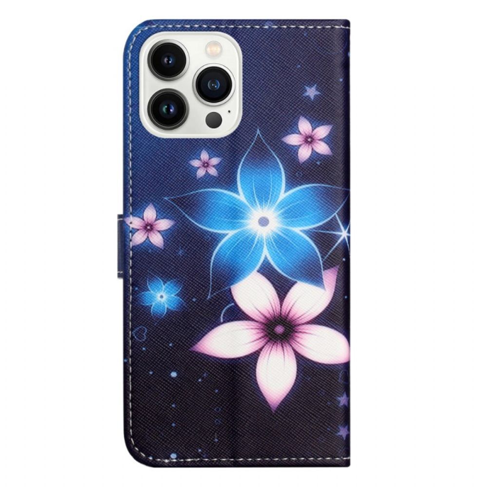 Folio-hoesje iPhone 16 Pro Max Telefoonhoesje Maanbloemen Met Riempje