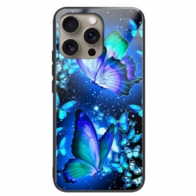 Hoesje iPhone 16 Pro Max Blauwe Vlinders Van Gehard Glas