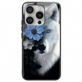 Hoesje iPhone 16 Pro Max Wolf En Blauwe Bloem Gehard Glas