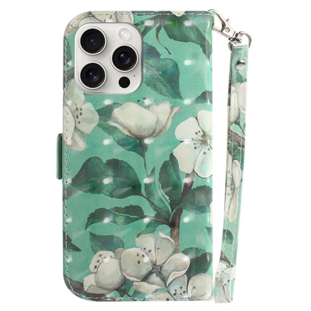 Leren Hoesje iPhone 16 Pro Max Aquarelbloemen Met Riempje