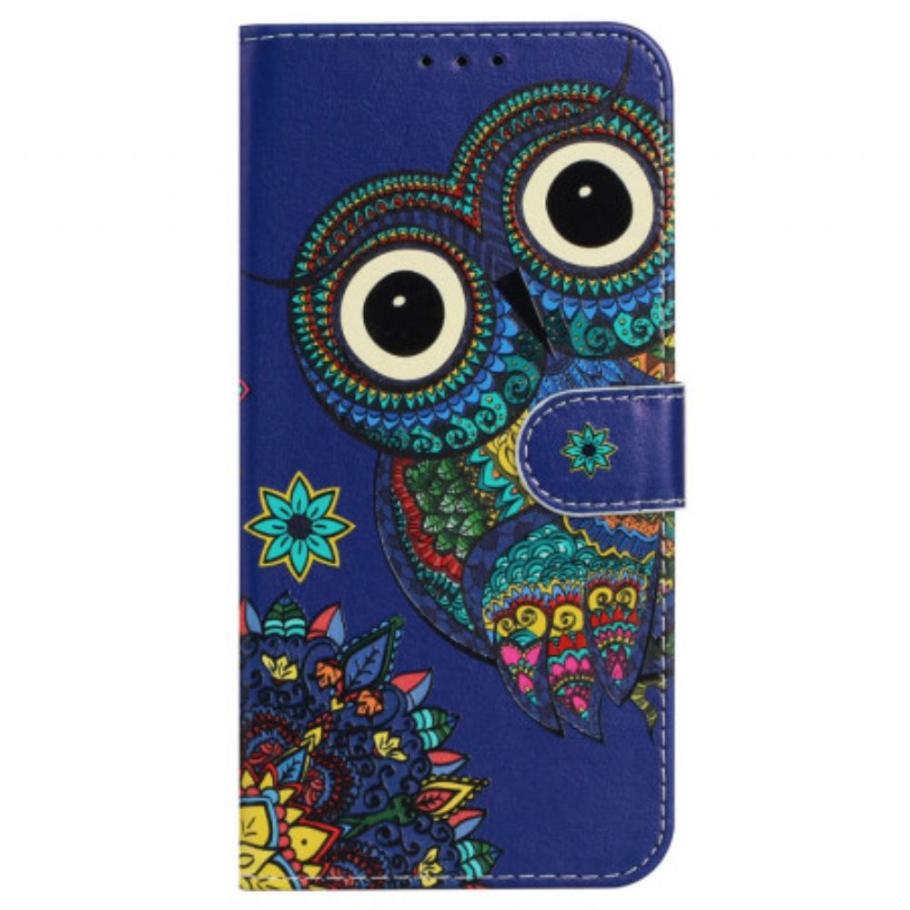 Leren Hoesje iPhone 16 Pro Max Blauwe Uil Met Riem