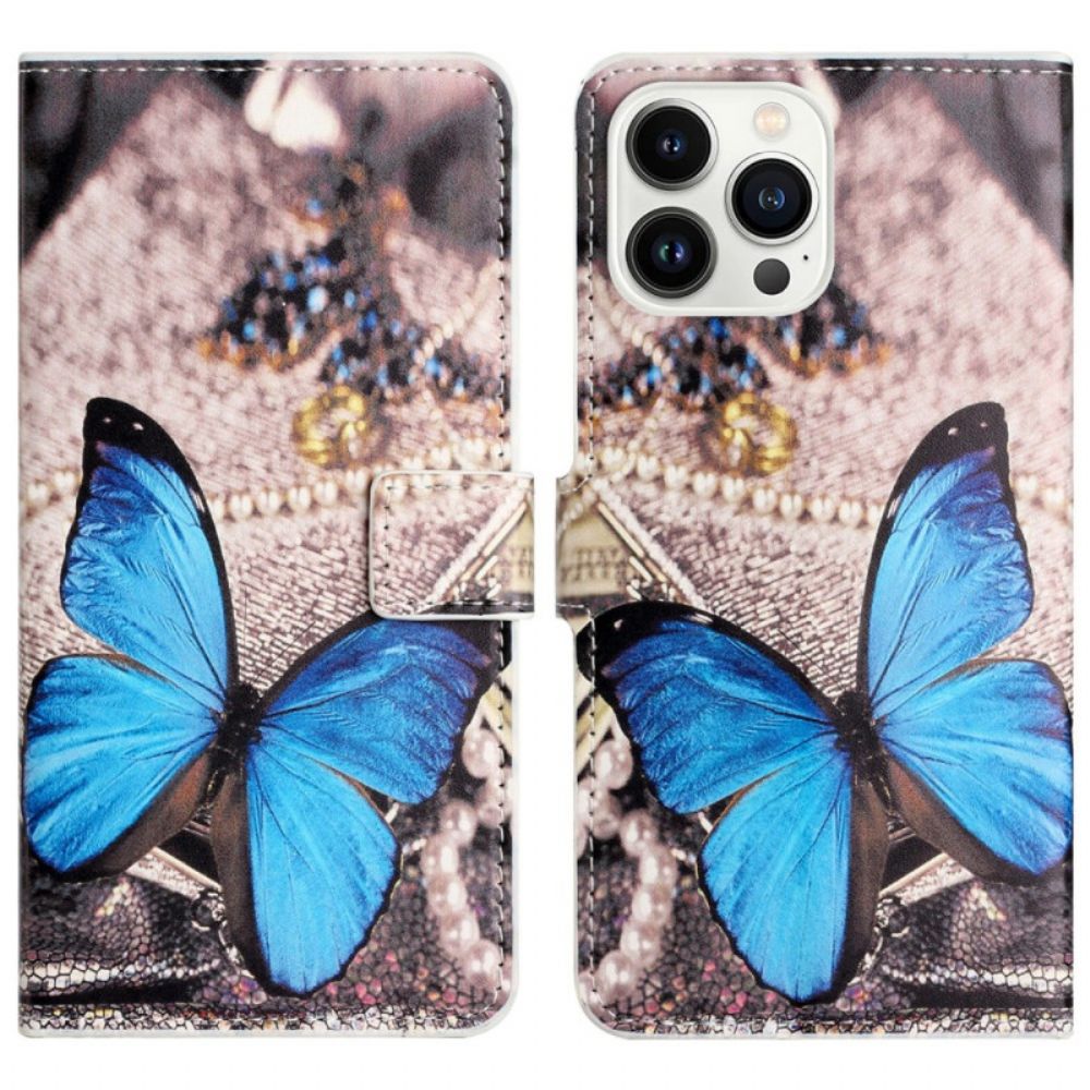 Leren Hoesje iPhone 16 Pro Max Blauwe Vlinder