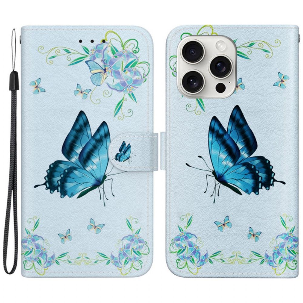 Leren Hoesje iPhone 16 Pro Max Blauwe Vlinder En Bloemen Met Riempje Bescherming Hoesje