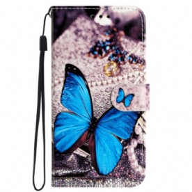 Leren Hoesje iPhone 16 Pro Max Blauwe Vlinder Met Riem