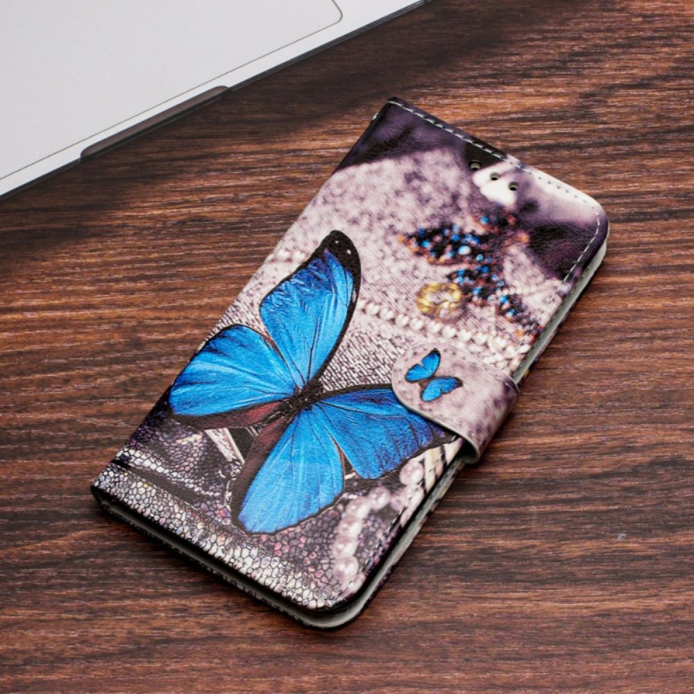 Leren Hoesje iPhone 16 Pro Max Blauwe Vlinder Met Riem