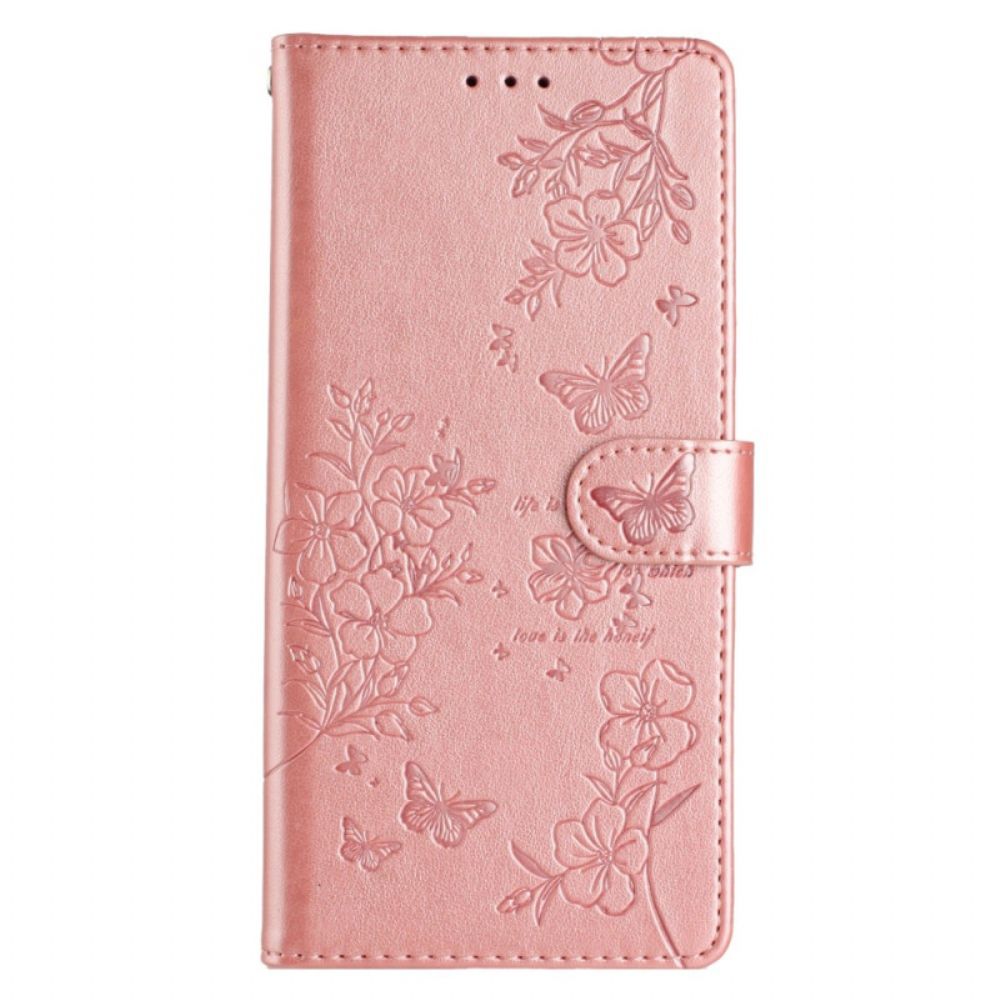 Leren Hoesje iPhone 16 Pro Max Bloemen En Vlinders Bescherming Hoesje