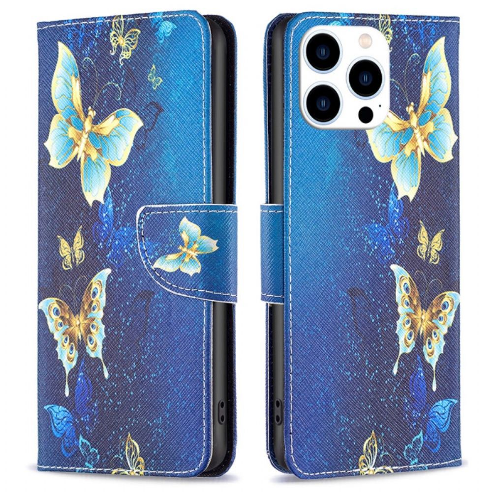 Leren Hoesje iPhone 16 Pro Max Gouden Vlinders Bescherming Hoesje