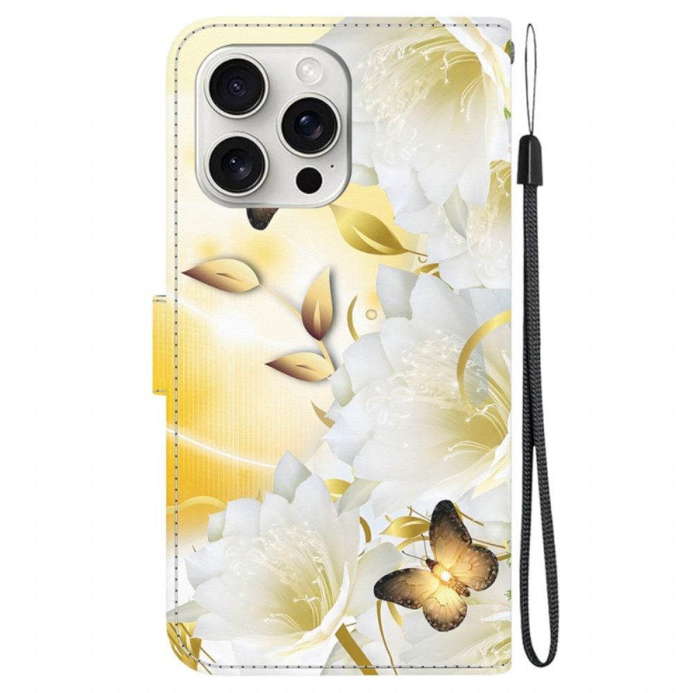 Leren Hoesje iPhone 16 Pro Max Gouden Vlinders En Bloemen Met Riempje Bescherming Hoesje