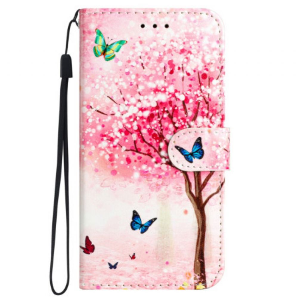 Leren Hoesje iPhone 16 Pro Max Kersenbloesemboom Met Riem Bescherming Hoesje