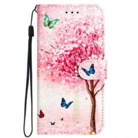 Leren Hoesje iPhone 16 Pro Max Kersenbloesemboom Met Riem Bescherming Hoesje