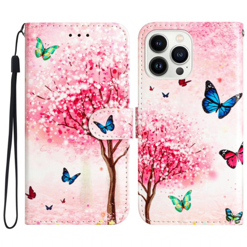 Leren Hoesje iPhone 16 Pro Max Kersenbloesemboom Met Riem Bescherming Hoesje