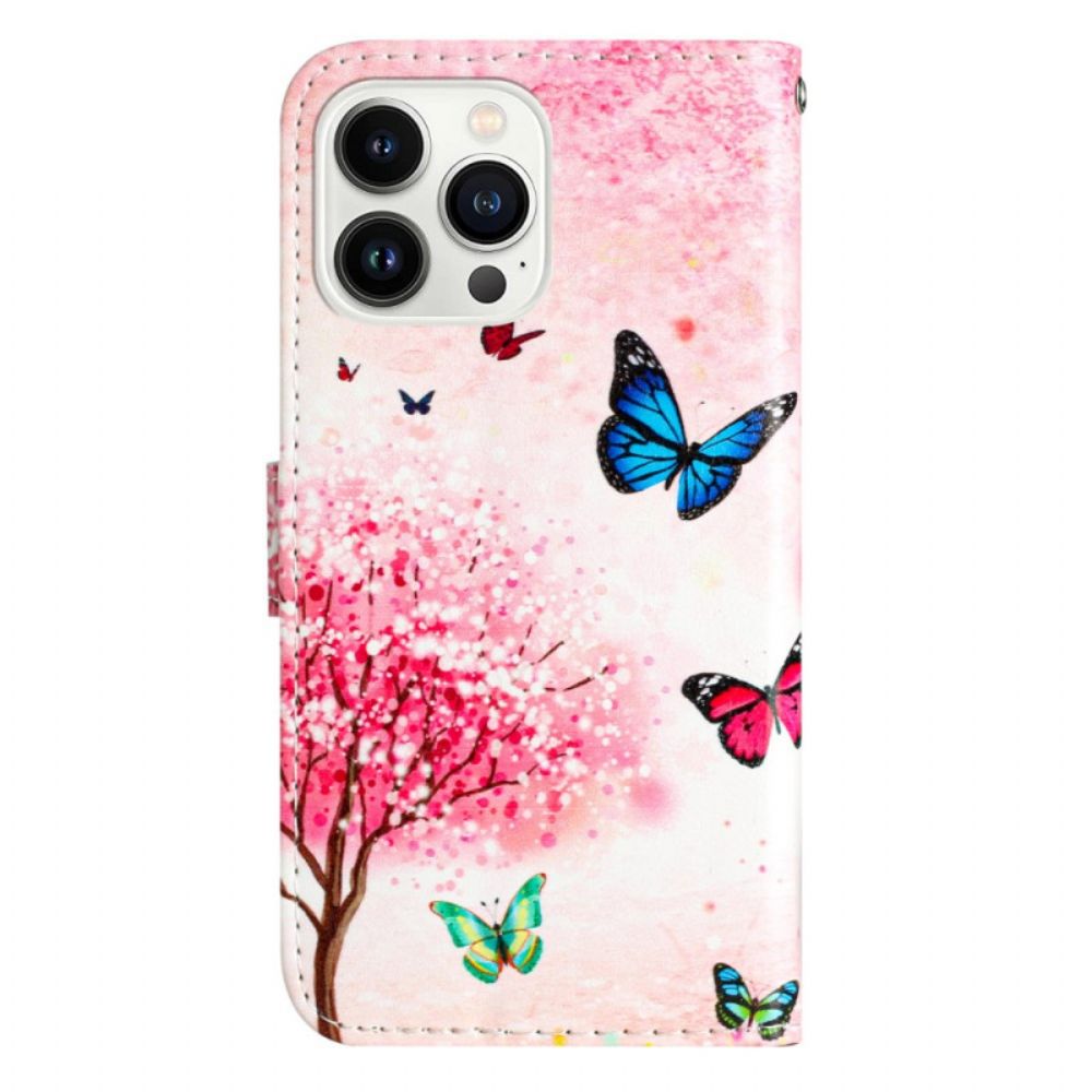 Leren Hoesje iPhone 16 Pro Max Kersenbloesemboom Met Riem Bescherming Hoesje