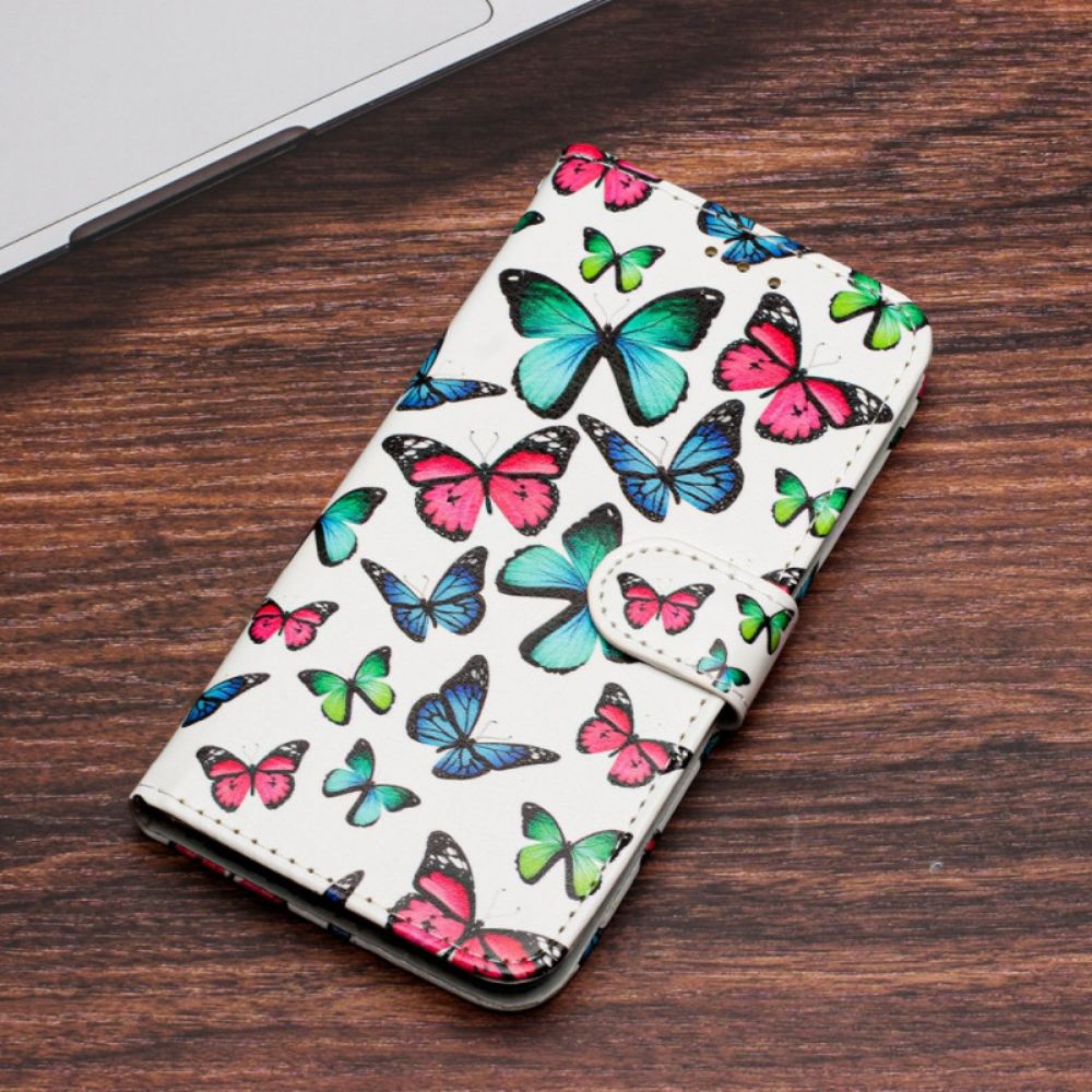 Leren Hoesje iPhone 16 Pro Max Kleurrijke Vlinders Met Riempje Bescherming Hoesje