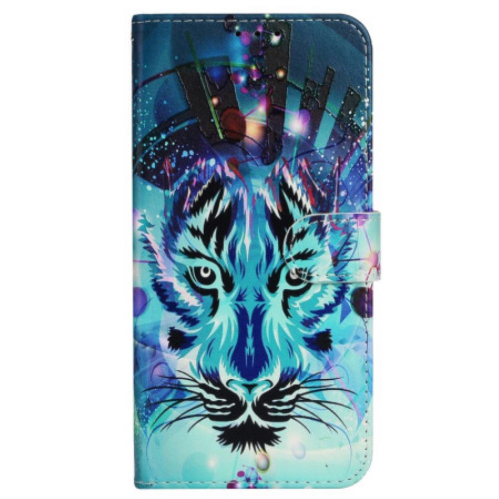 Leren Hoesje iPhone 16 Pro Max Kleurrijke Wolf Met Riem