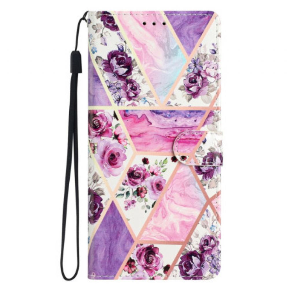 Leren Hoesje iPhone 16 Pro Max Paarse Bloemen Met Riempje Bescherming Hoesje