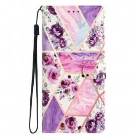 Leren Hoesje iPhone 16 Pro Max Paarse Bloemen Met Riempje Bescherming Hoesje