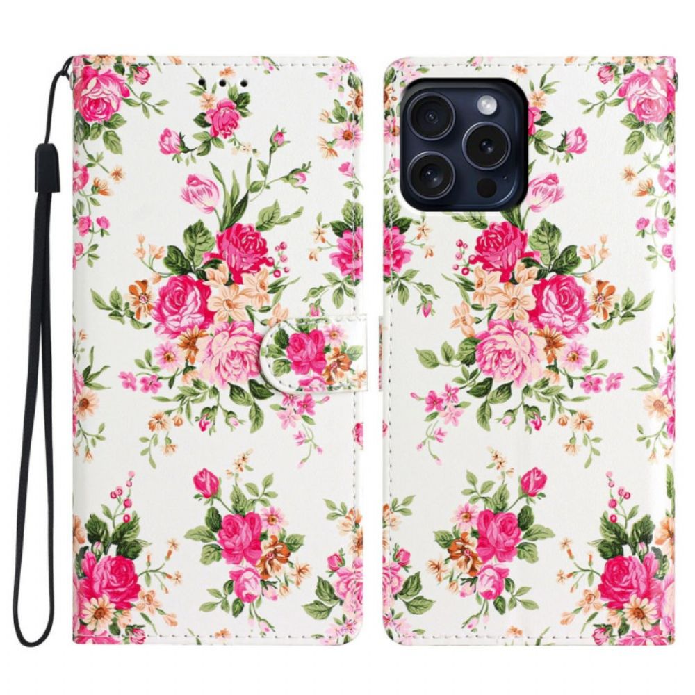 Leren Hoesje iPhone 16 Pro Max Rode Bloemen Met Riem Bescherming Hoesje