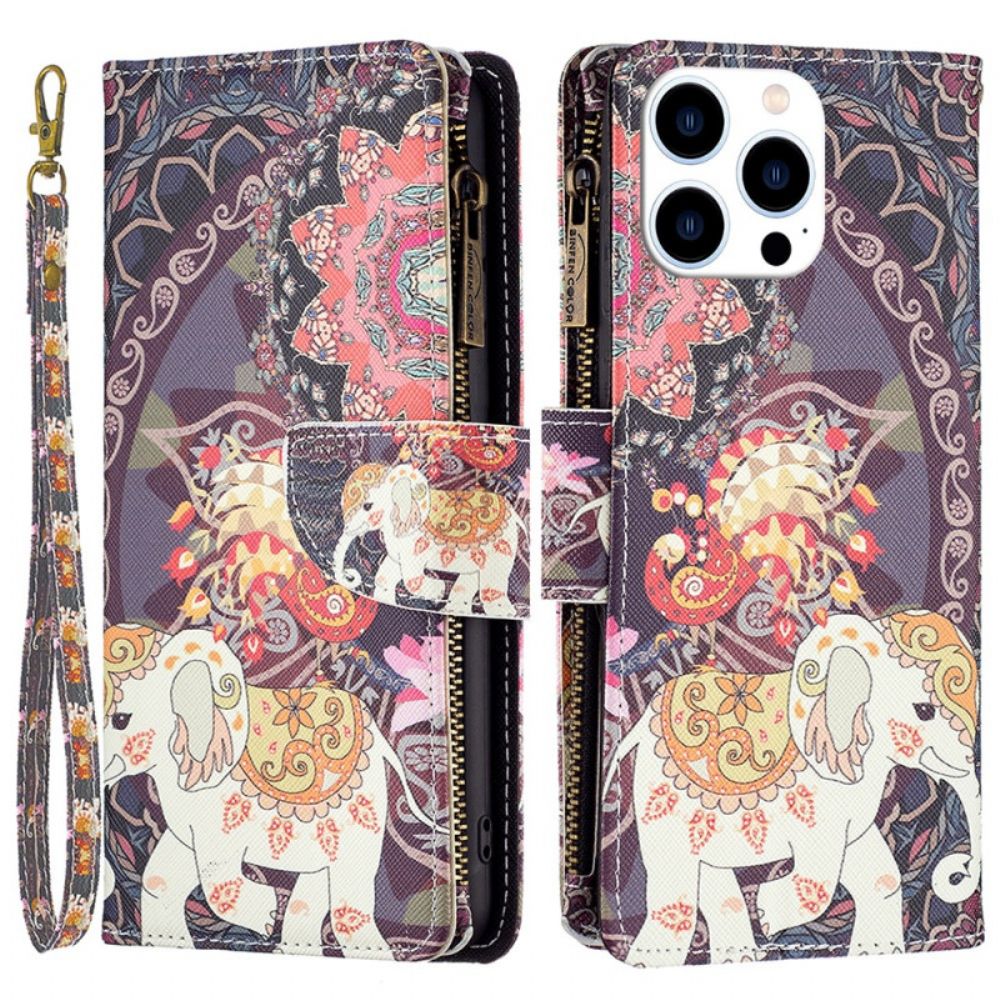 Leren Hoesje iPhone 16 Pro Max Tribal Olifant Portemonnee Met Riem Bescherming Hoesje