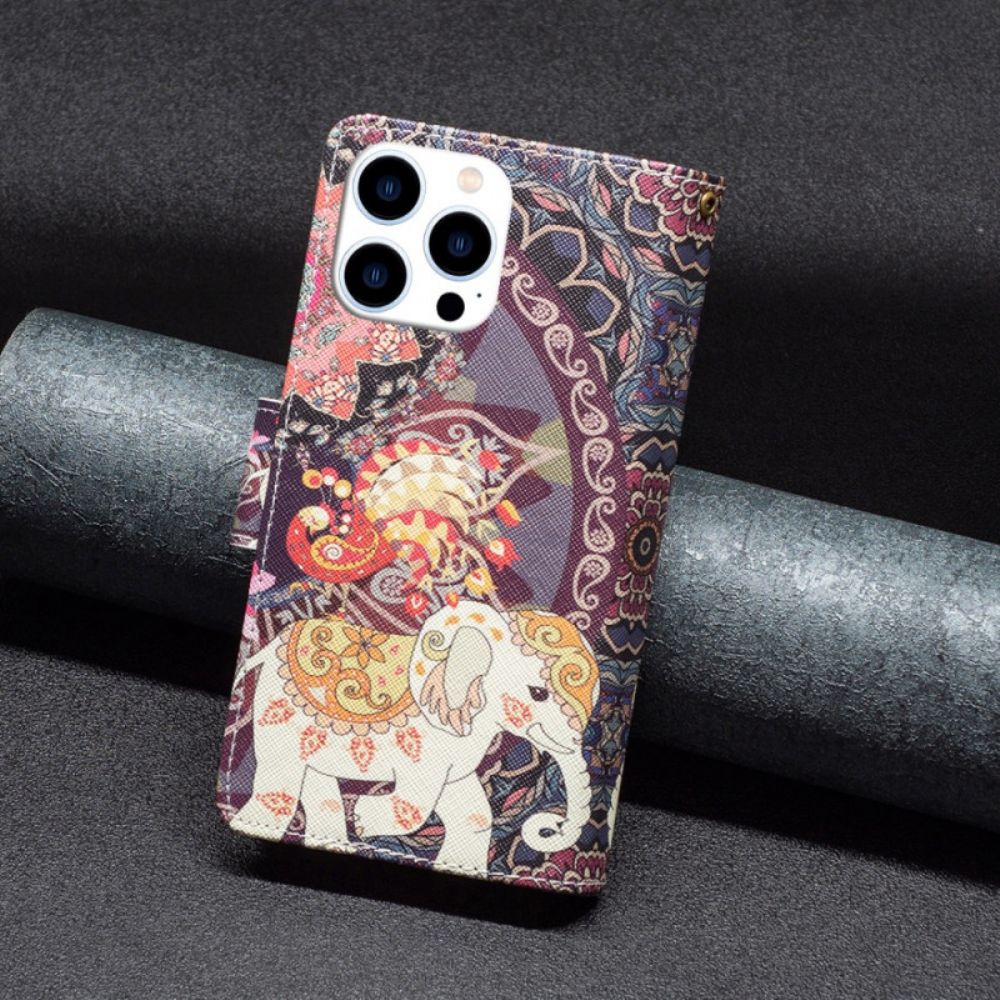 Leren Hoesje iPhone 16 Pro Max Tribal Olifant Portemonnee Met Riem Bescherming Hoesje