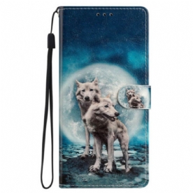 Leren Hoesje iPhone 16 Pro Max Twee Wolven Met Riemen Bescherming Hoesje