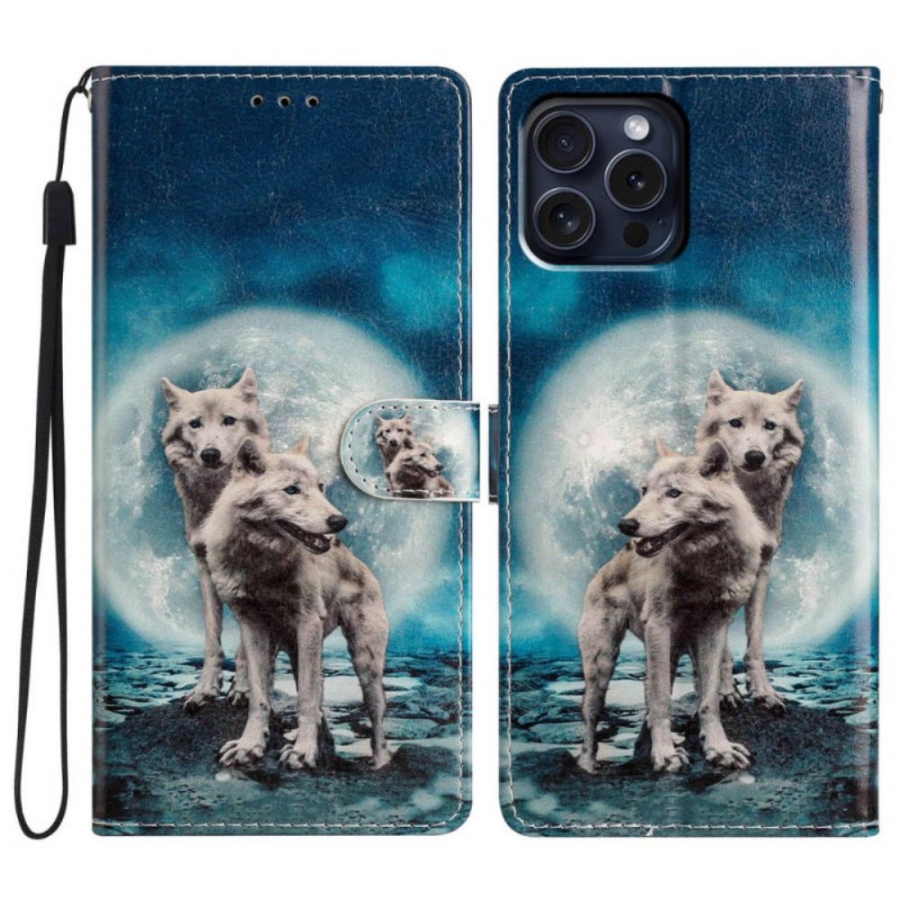 Leren Hoesje iPhone 16 Pro Max Twee Wolven Met Riemen Bescherming Hoesje