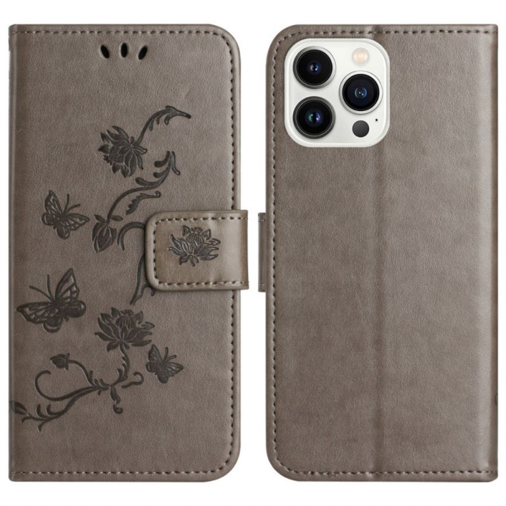 Leren Hoesje iPhone 16 Pro Max Vlinders En Bloemen Bescherming Hoesje