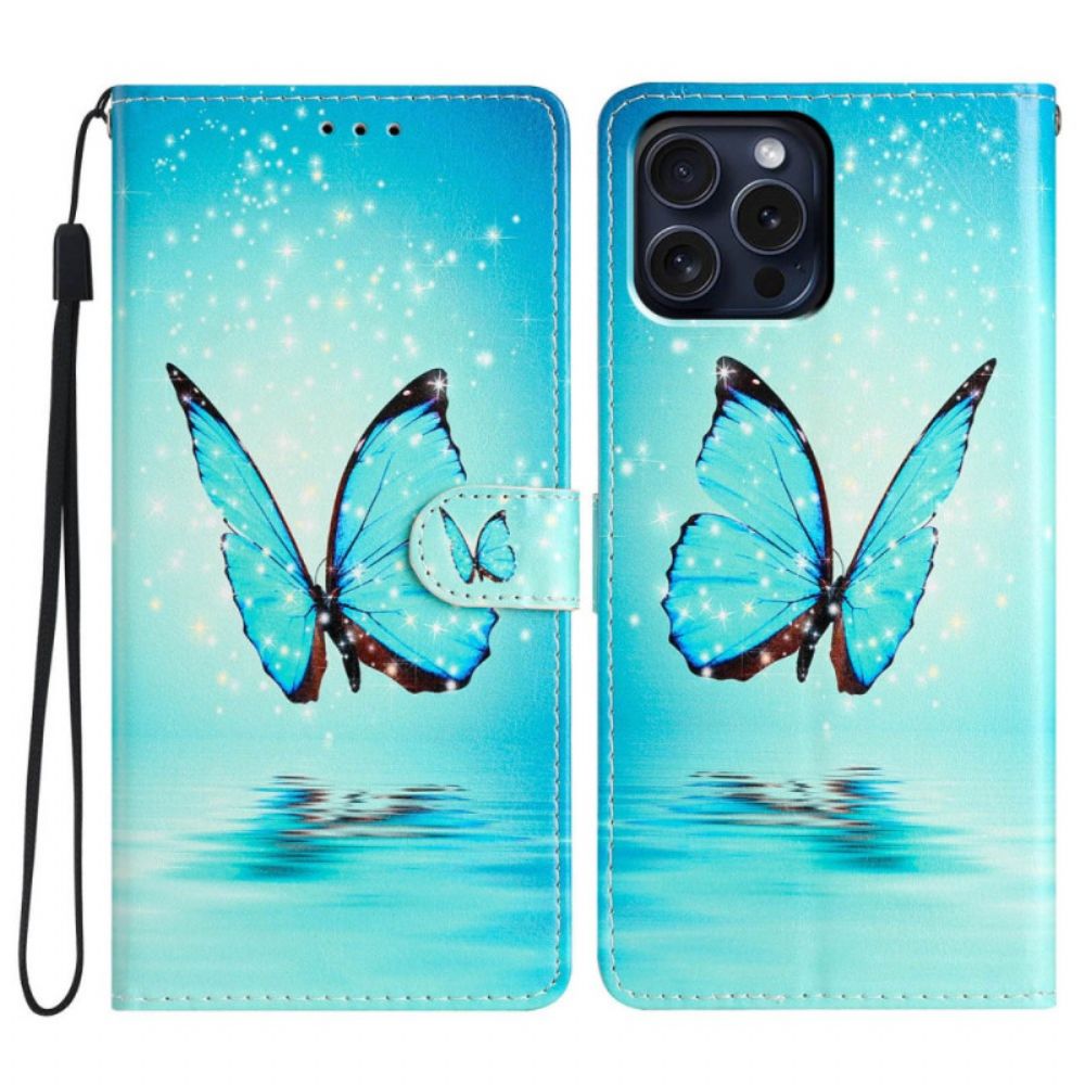 Leren Hoesje Voor iPhone 16 Pro Max Blauwe Vlinder Op Water Met Riem