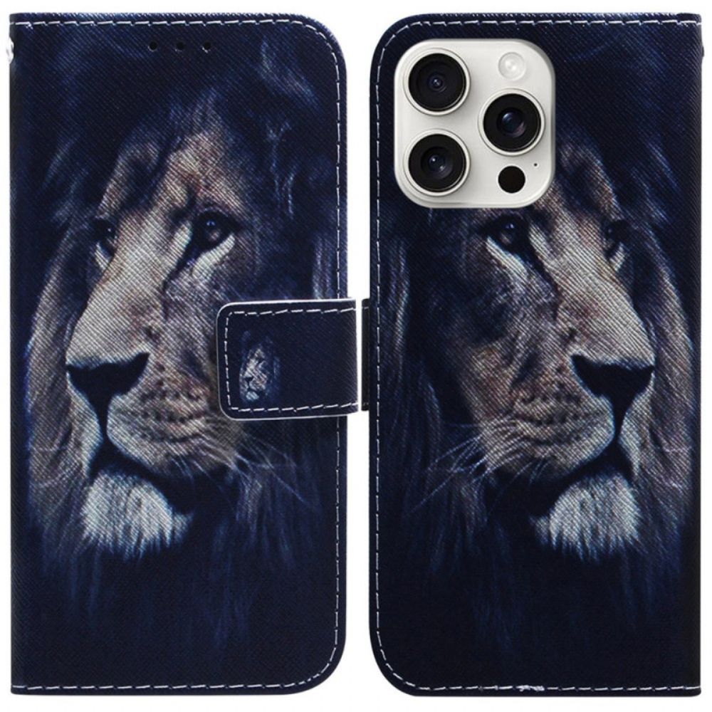 Leren Hoesje Voor iPhone 16 Pro Max Dromende Leeuw